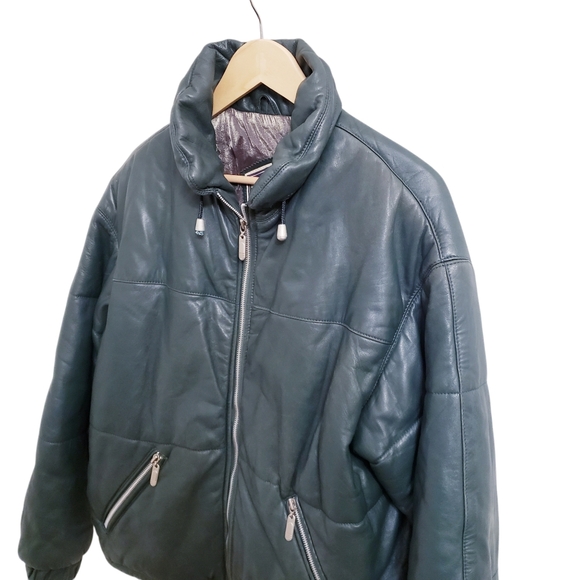 Vintage Unisex Hunter Green Leather Puffer Zip Up Boxy Jacket, Size M - Picture 3 of 10